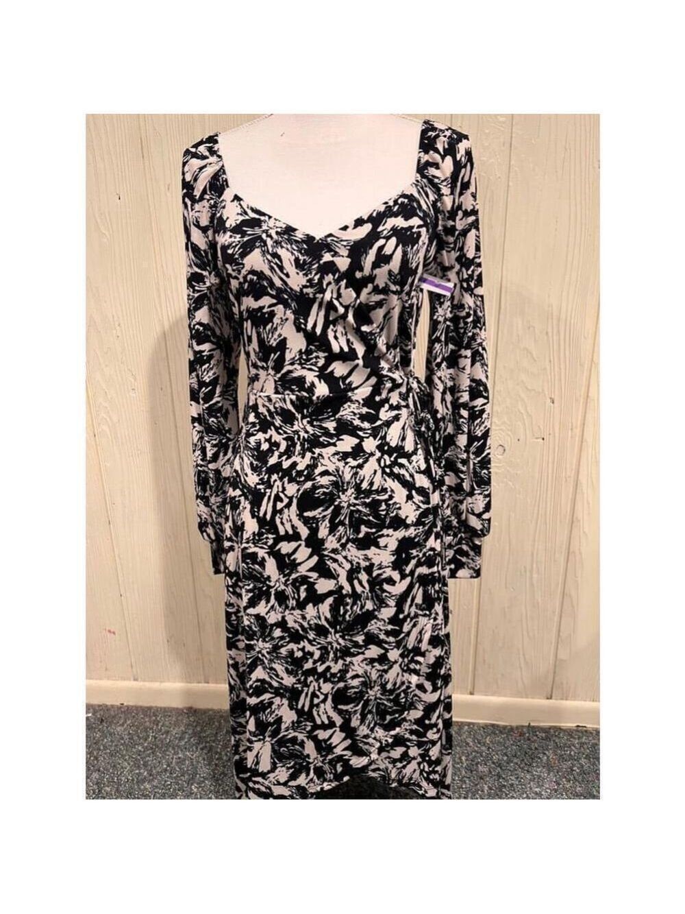 Lush Black White Floral Faux Wrap Dress Medium